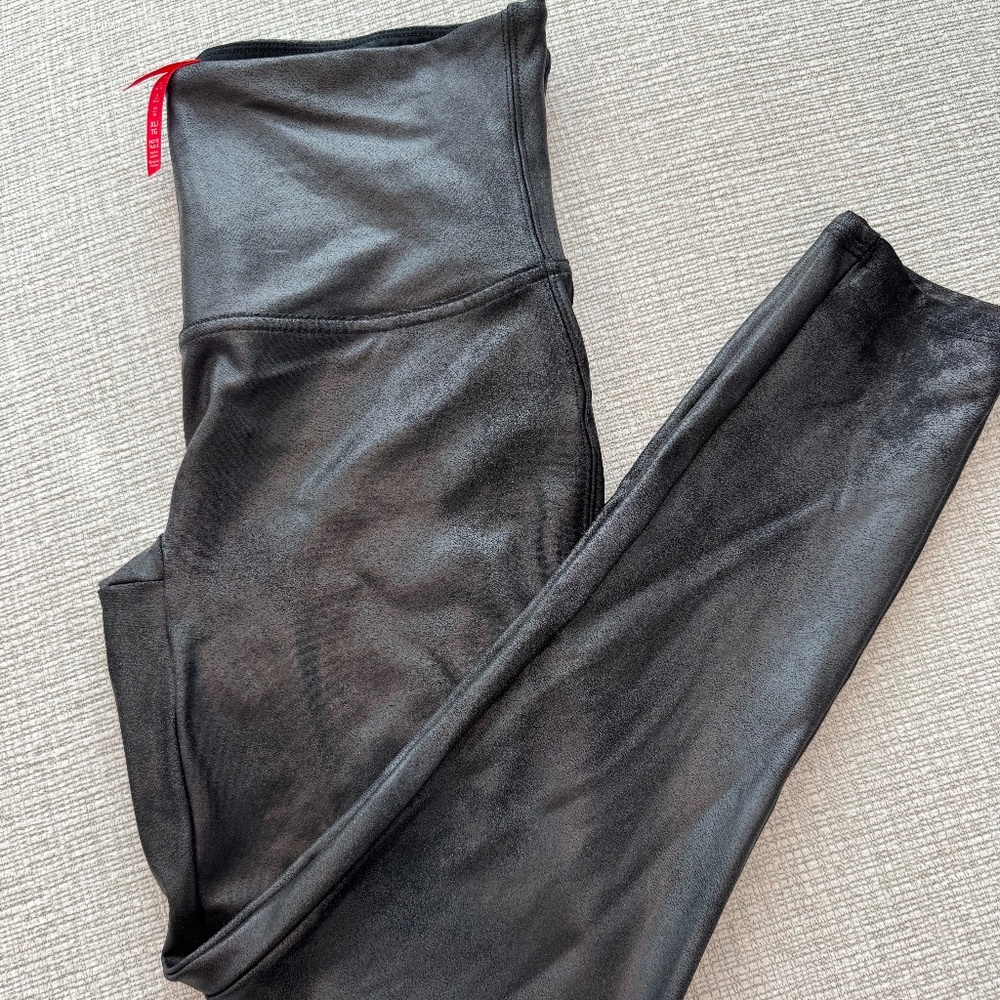 SPANX Women’s Black Faux Leather High Waisted Leggings Size Petite XL